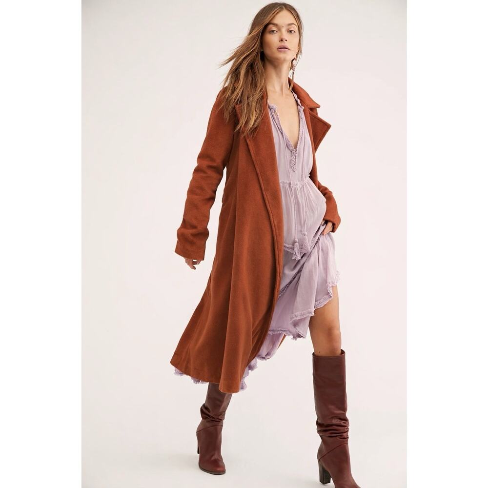 Free People Wool Blend Long‎ Duster Trench Coat Brown Size Large